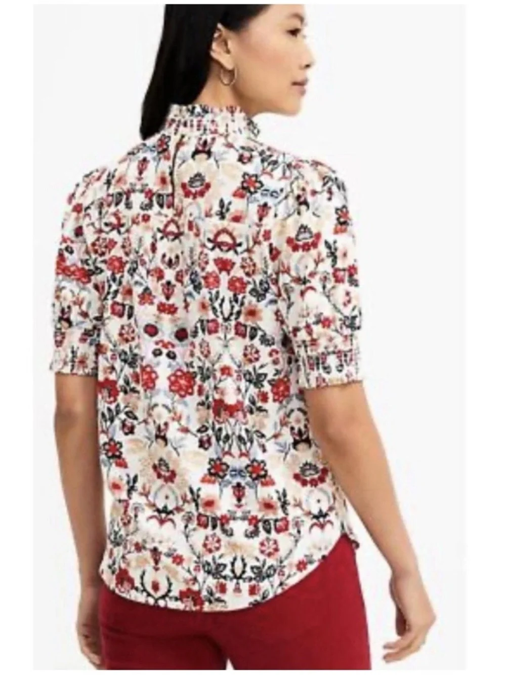 Ann Taylor LOFT Cottage Floral Smocked Mock Neck Puff Sleeve Shirt Red XS